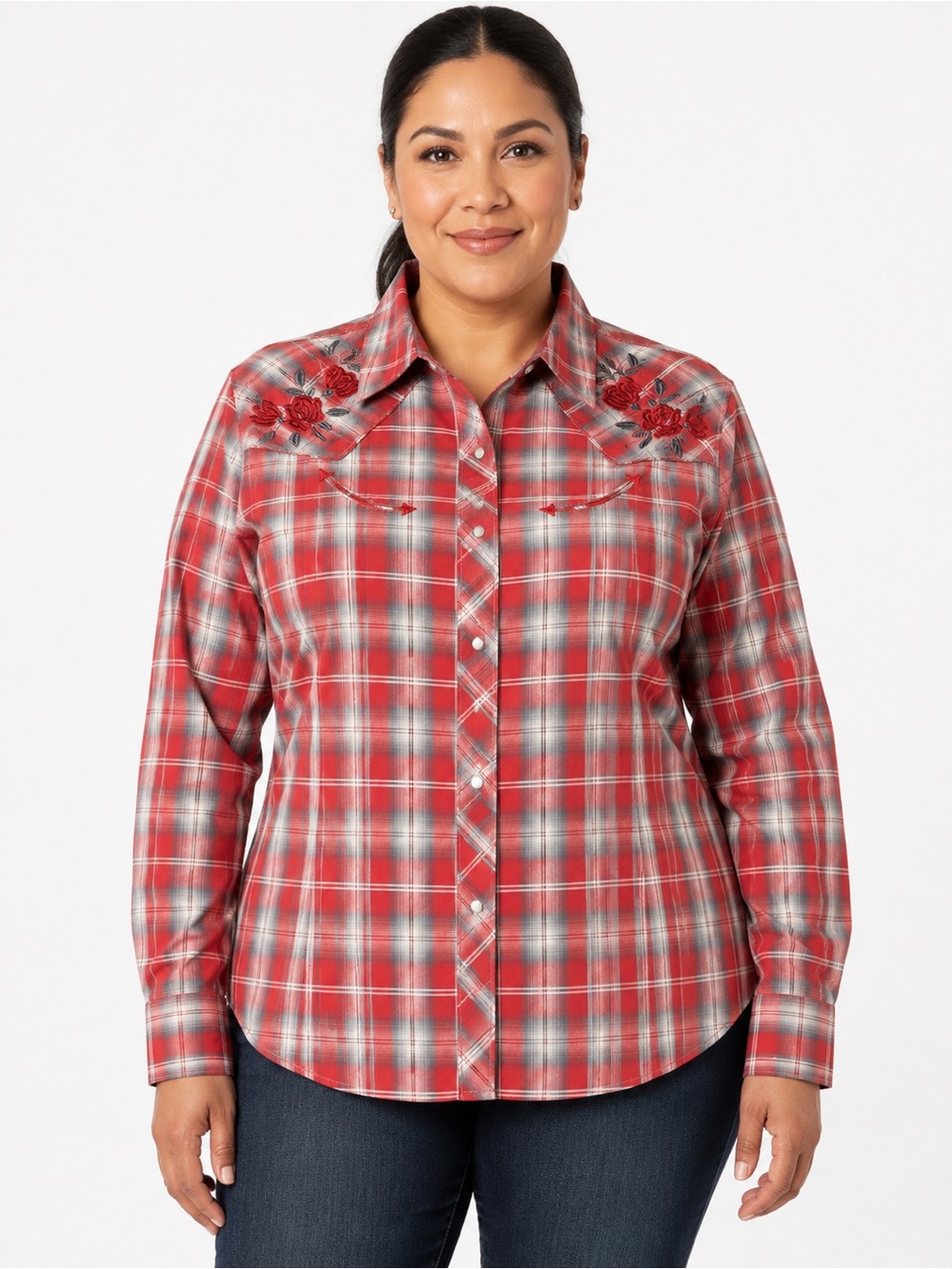 Roper 1X Red Plaid Rose Embroidered Pearl Snap Western Cowgirl Shirt